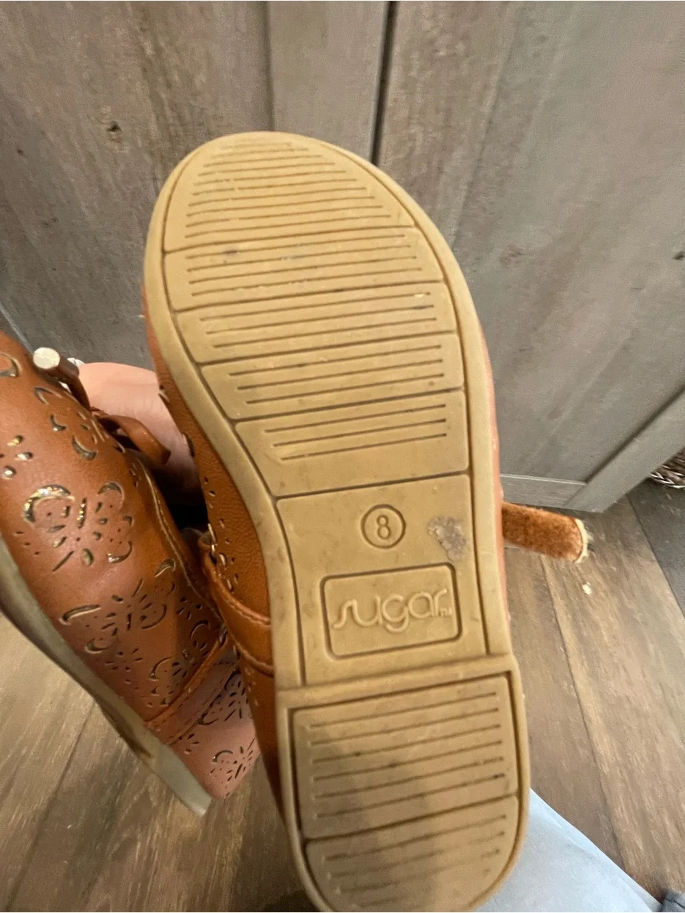 Girls' Tan Mary Jane Flats with Laser-Cut Detail - Picture 3 of 3